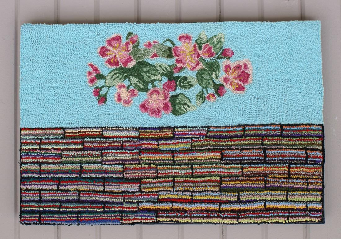 Antique Dark Pink Flowers Hooked Rug (1 of 5)