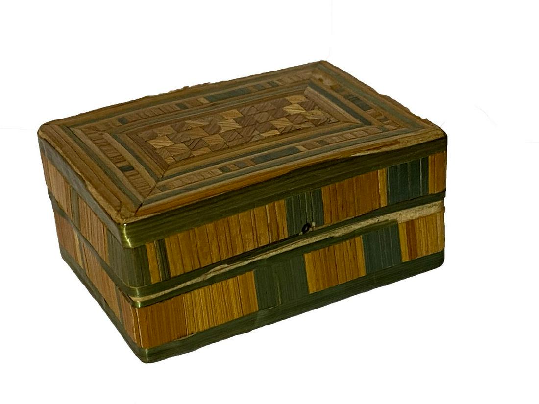 Split Straw Sewing Box: Title: Split Straw Sewing Box Dimension: 2" x 1 1/2" x 1 1/2" Provenance/Additional Info:A diminutive sewing box with pieces of split straw applied to the outside to create interesting designs. There 