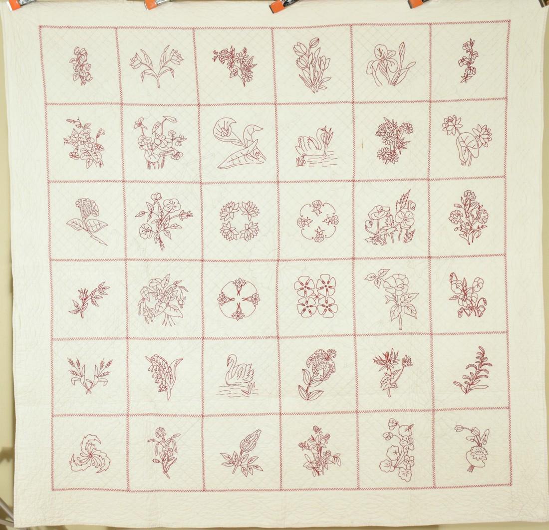 Turn of the Century Redwork Quilt, Flowers & Swans (1 of 10)