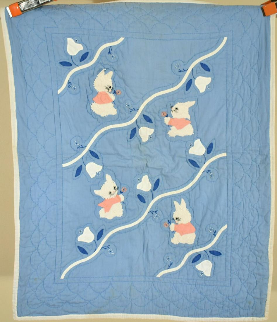 30's Bunny Rabbit & Kittens Crib Quilt, Nice Blue (1 of 7)