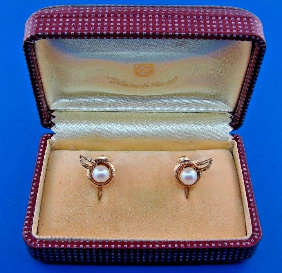TIMELESS Mikimoto Vintage 14k Yellow Gold & Pearl: DK Mikimoto 14k Yellow Gold & Pearl Earrings w/Box · This is a must for any collector. · The weight is 4.6 grams. The length is ½ of an inch. The width of the pearl is 4.76 mm. · This is a timeles