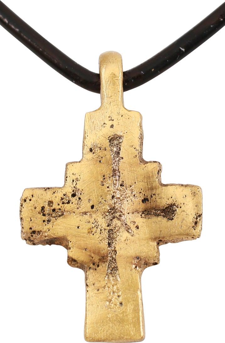 MEDIEVAL PILGRIM’S RELIQUARY CROSS NECKLACE: 7th-10th Century AD. Gilt bronze, 1 1/8” height. Centered cross beam with a square expansion at the junction. Both beams with incised medials and remnants of diagonals at the center square. The 