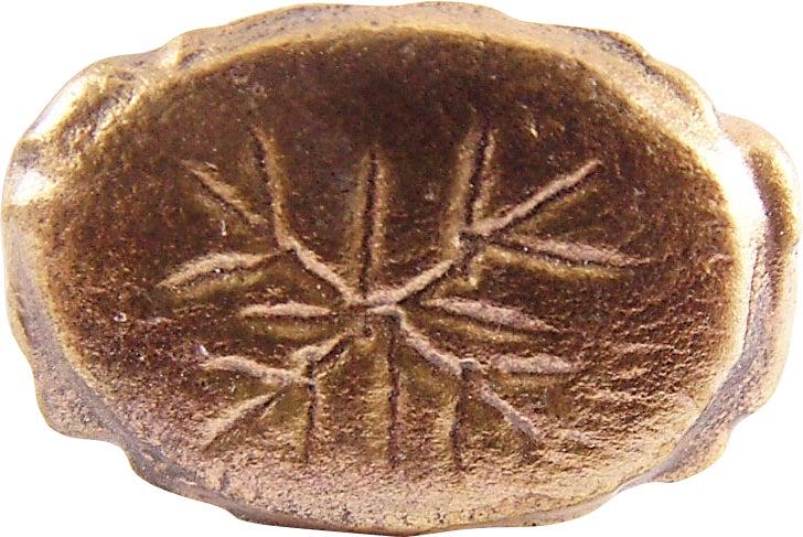 MEDIEVAL MAN’S RING 13TH-15TH C.AD SIZE 11 ½: Size 11 1/2 with 3.5mm rounded face band slightly flared to the banded shoulders. Raised oval bezel over the scalloped base. The face with crisp symmetrical twig splay. Good preservation. Professional