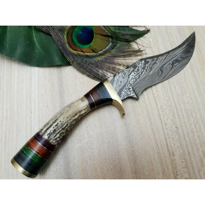 Camping damascus steel knife bowie antler leather (1 of 5)