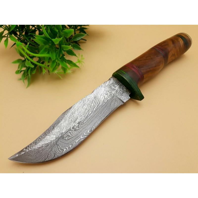 Bowie damascus steel knife hunting rose wood leather: Knife "Leominster" made of damask steel. Handle – rose wood and scabbard - genuine leather. Damascus knives are very durable, look great and keep sharpness perfectly. Damascus steel has high quality