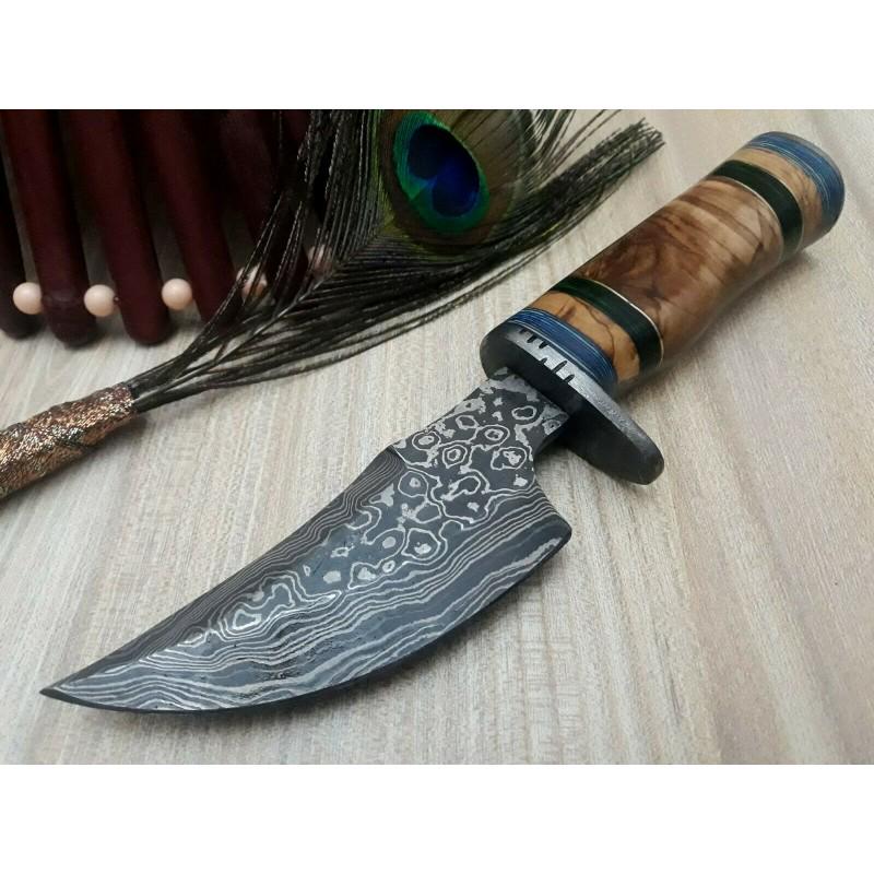 Handmade damascus steel knife camping wood leather: Knife "Lowell" made of damask steel. Handle – wood and scabbard - genuine leather. Damascus knives are very durable, look great and keep sharpness perfectly. Damascus steel has high quality contents