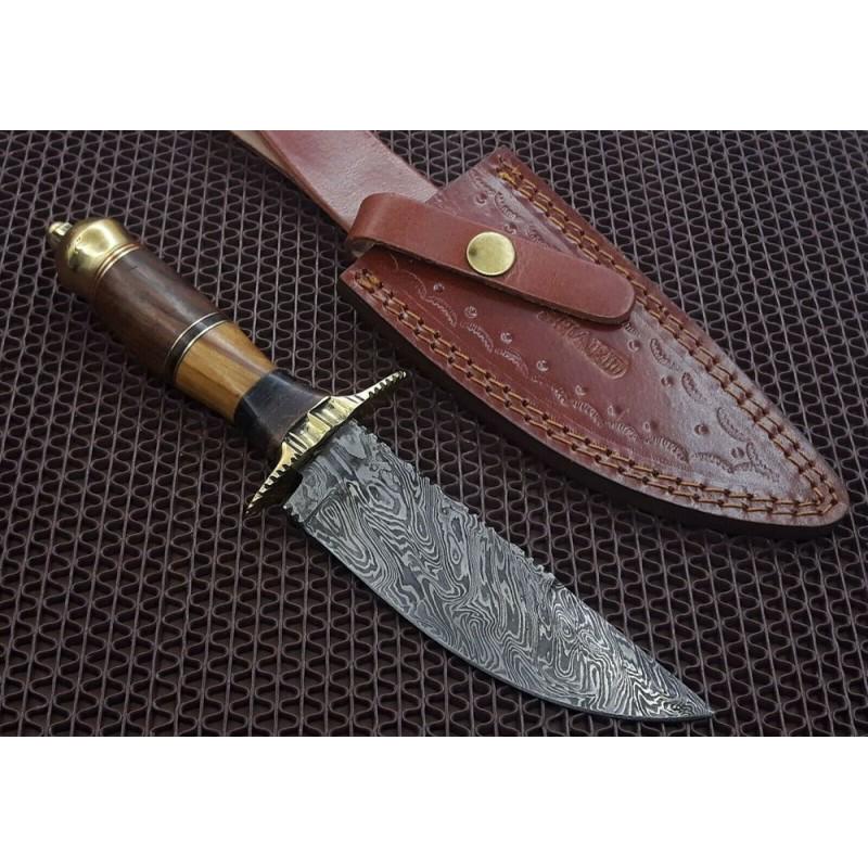 Hiking everyday work damascus steel knife handmade wood: Knife "Houlton" made of damask steel. Handle – multi colored wood and scabbard - genuine leather. Damascus knives are very durable, look great and keep sharpness perfectly. Damascus steel has high q