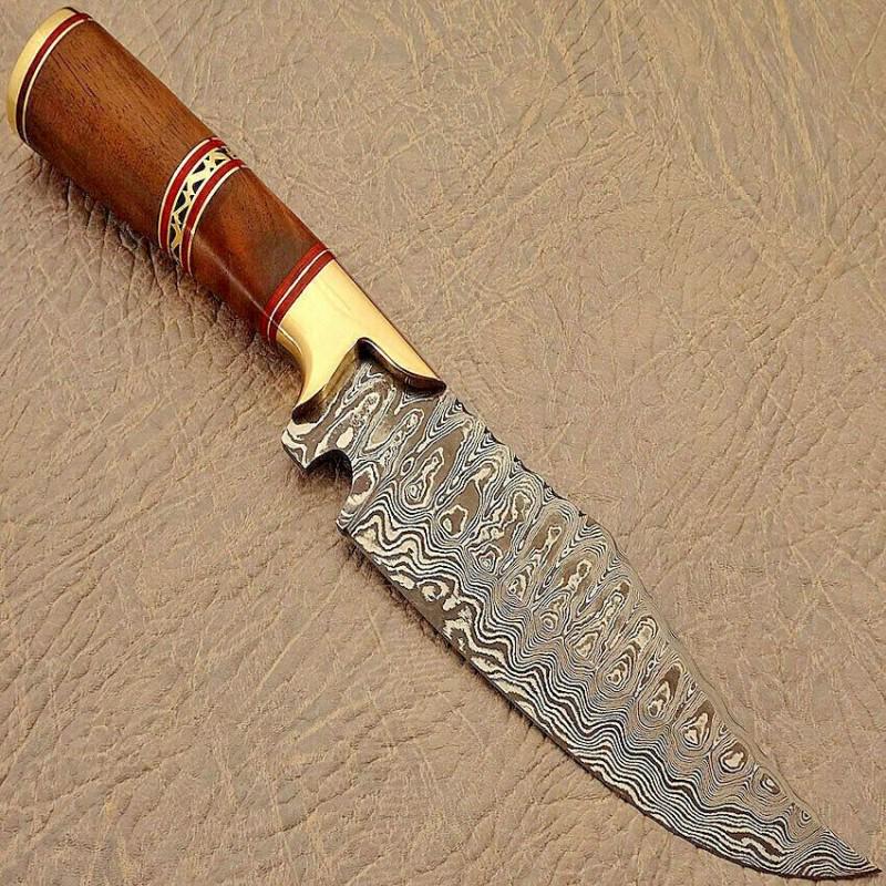 Hiking work damascus steel knife bowie wood brass: Knife "Dwayne" Damascus knives are very durable, look great and keep sharpness perfectly. Damascus steel has high quality contents to give it an excellent edge and sharp cutting ability. The blade ret