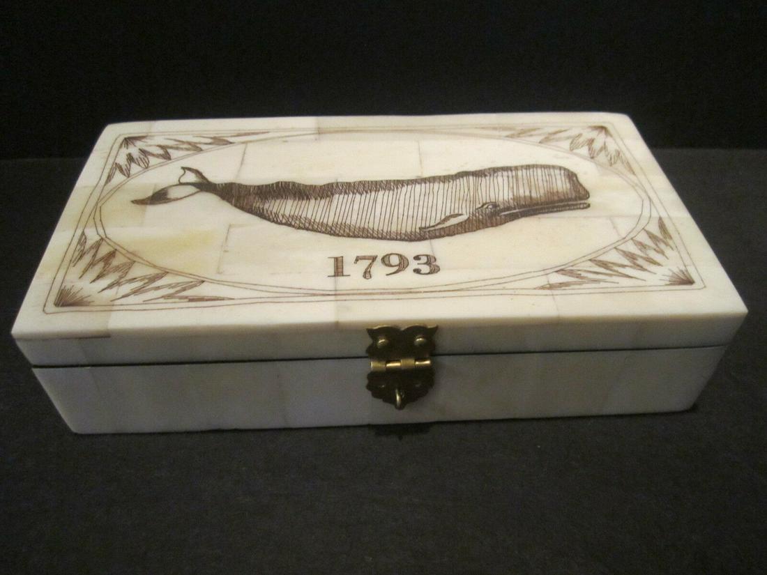 Folk Art Whale Scrimshaw Bone & Wood Trinket Box 1793: 6 1/14" x 3 1/4" x 1 5/8" Wonderful new reproduction scrimshaw carved ox bone box. As you can see this piece is tiled with ox bone on wood and decorated with a design typical of the period. Nice felt 