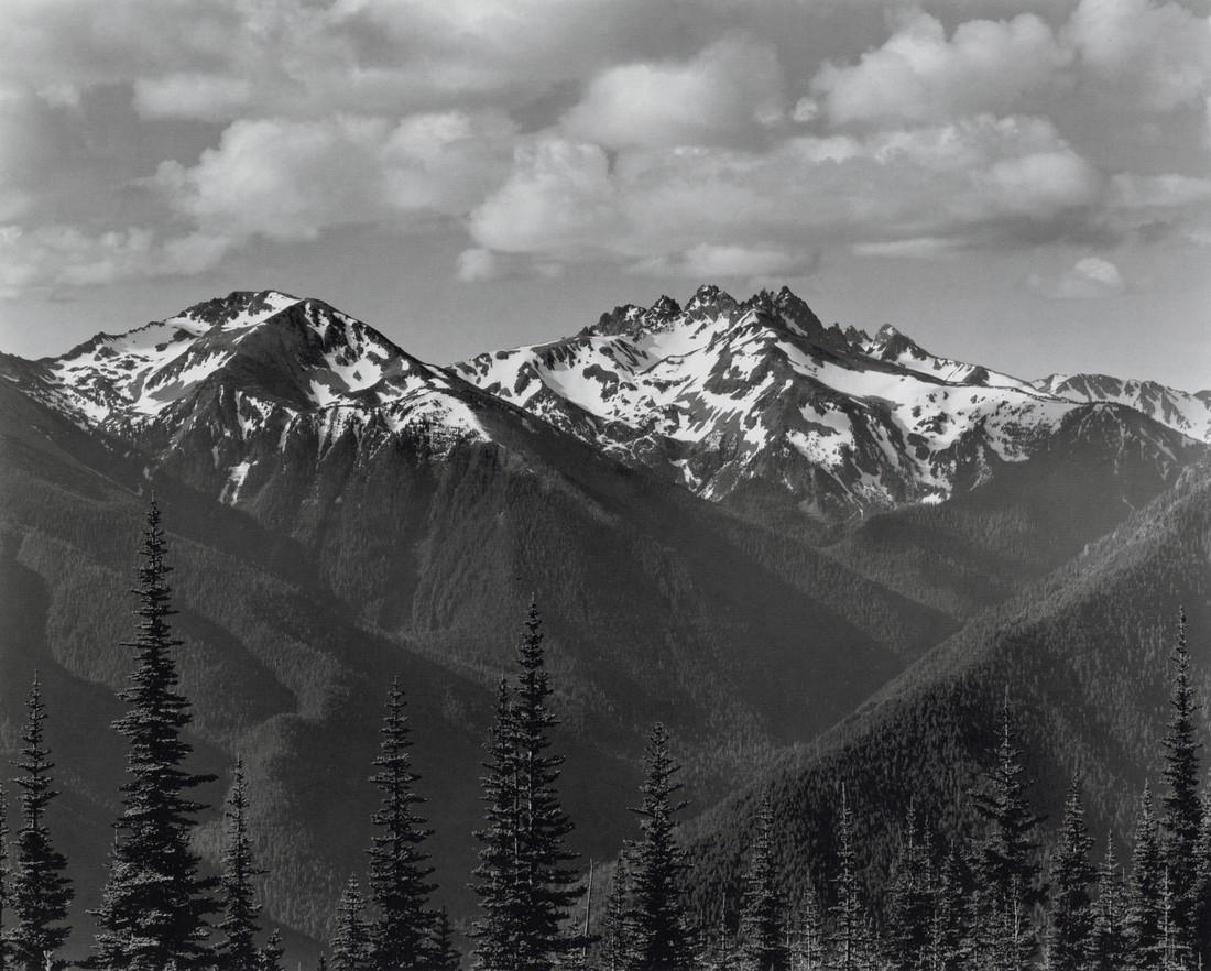ANSEL ADAMS - Hurricane Hill, WA, 1950: Artist: Ansel Adams Title: From Hurricane Hill, Olympic National Park, Washington, 1950 Medium: Duotone Photo Litho, 1990, USA Dimensions: 9.95x8" Description: Heat Wax Mounted on 11x14" Conservation