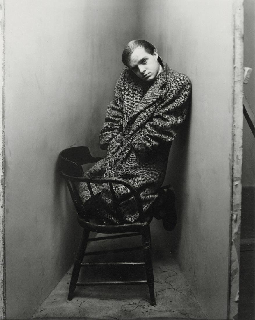 IRVING PENN - Truman Capote, New York, 1948: Artist: Irving Penn Title: Truman Capote, New York, 1948 Medium: Photo Litho, 2015, Germany Dimensions: 7.15x8.95" Description: Heat Wax Mounted on 11x14" Conservation Board Artist Bio: Irving Penn (1