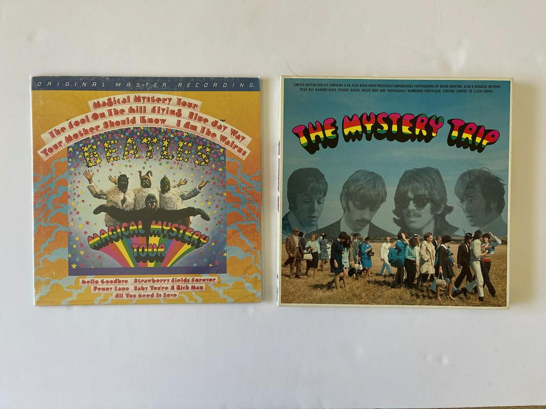 BEATLES MAGICAL MYSTERY TOUR COLLECTION: BEATLES MAGICAL MYSTERY TOUR COLLECTION. EMI. PRESSED IN JAPAN. SET ALSO INCLUDES RARE THE MYSTERY TRIP PACKAGE WITH COLOR BOOKLET, PIN, BUMPER STICKER, MAP, AND LIMITED EDITION CERTIFICATE OF AUTHENT