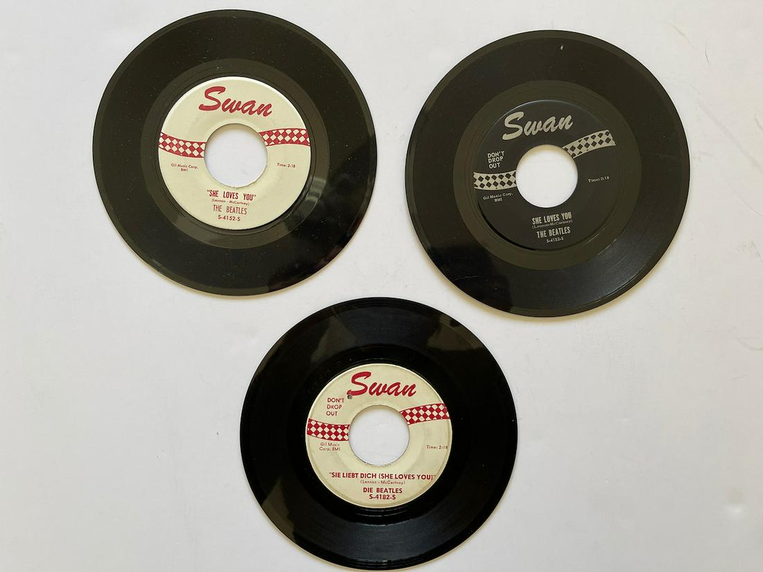 THREE EARLY SWAN RECORDS BEATLES 45s: THREE EARLY SWAN RECORDS BEATLES 45s. SHE LOVES YOU S-4152-1 AND S-4182-1. Reserve: $10.00 Shipping: Domestic: Flat-rate of $8.00 to anywhere within the contiguous U.S. International: Foreign shipping