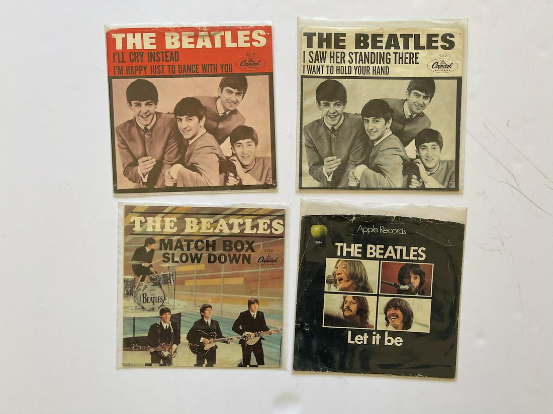FOUR BEATLES 45s RECORD SLEEVES: FOUR BEATLES 45s RECORD SLEEVES. NO RECORDS. Reserve: $10.00 Shipping: Domestic: Flat-rate of $8.00 to anywhere within the contiguous U.S. International: Foreign shipping rates are determined by desti