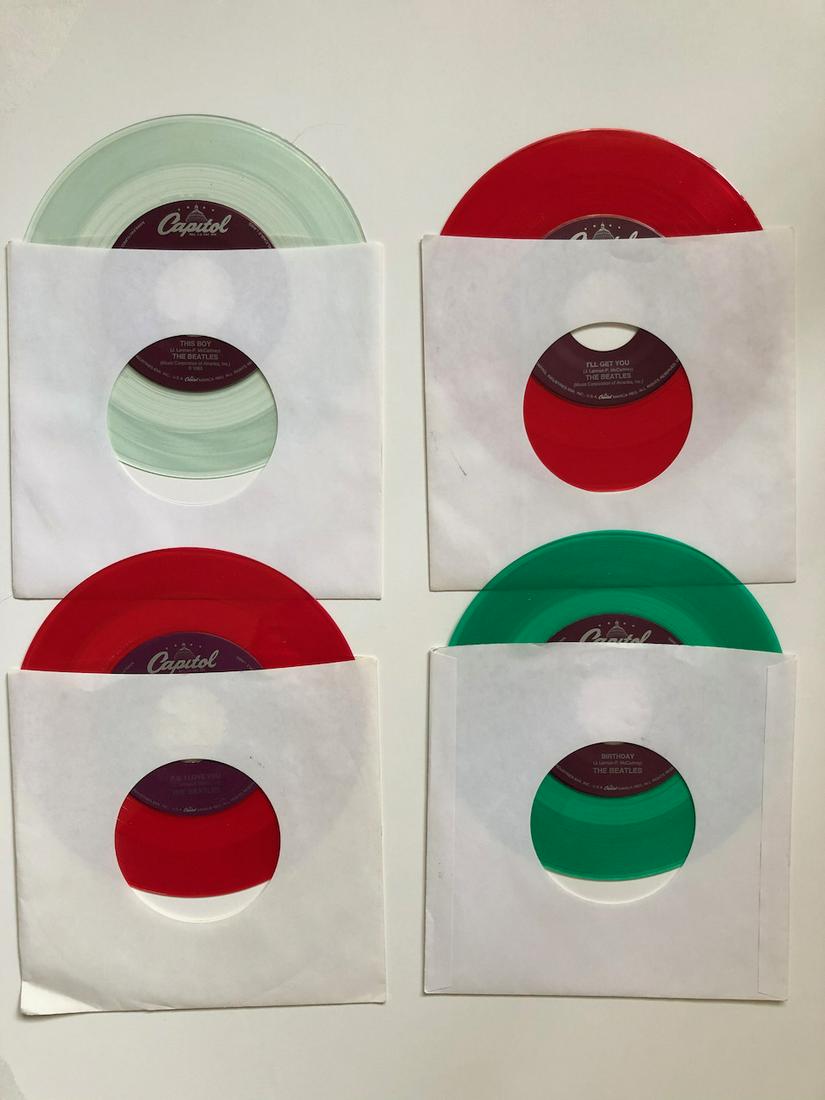 4 BEATLES JUKEBOX VERSION 45s: 4 BEATLES COLORED VINYL. JUKEBOX VERSION 45s. NEVER PLAYED OR LOADED IN JUKEBOX. YOU GET THIS BOY, P.S. I LOVE YOU, I’LL GET YOU, BIRTHDAY. THESE VERSIONS ARE SUPER RARE AND SIMPLY HARD TO FIND IN T