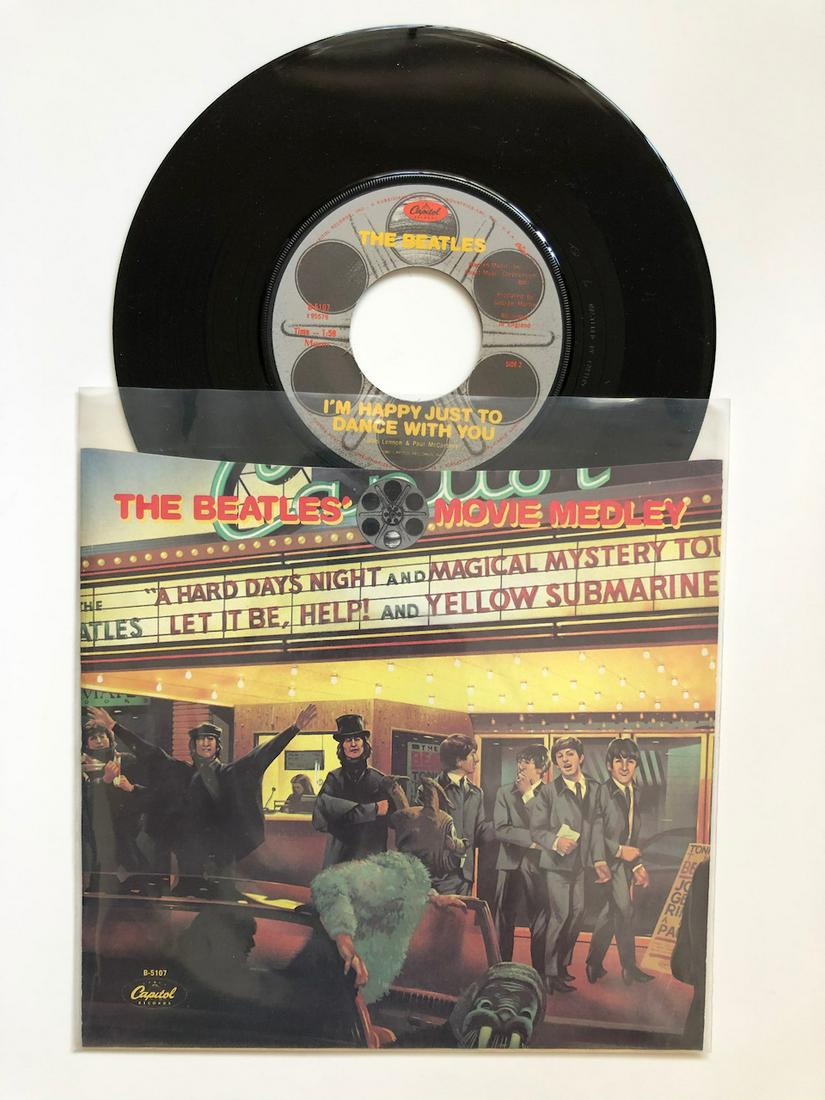 The Beatles' Movie Medley B-5107 PICTURE SLEEVE: The Beatles – The Beatles' Movie Medley Label: Capitol Records – B-5107 Format: Vinyl, 7", Single, 45 RPM, Los Angeles Pressing PICTURE SLEEVE Reserve: $5.00 Shipping: Domestic: Flat-rate of $6.00