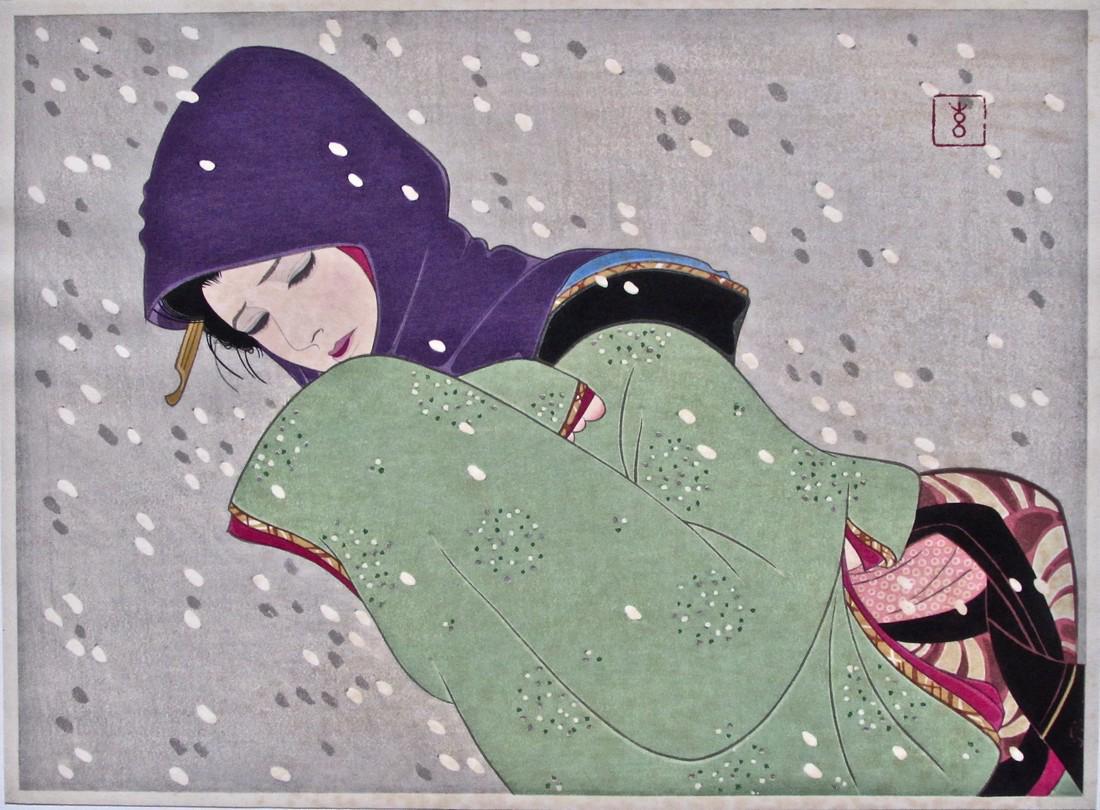 Sentaro Iwata: Snow Storm: Artist: SENTARO Iwata (1901-1974) Subject: Sasame Yuki (Snow Storm) Series: San-byaku-nen no Onna Publisher: Kato Hanga Kenkyujo Signature: Sen Iwata Date: 1960s-70s Format: ôban, Condition: Fine imp