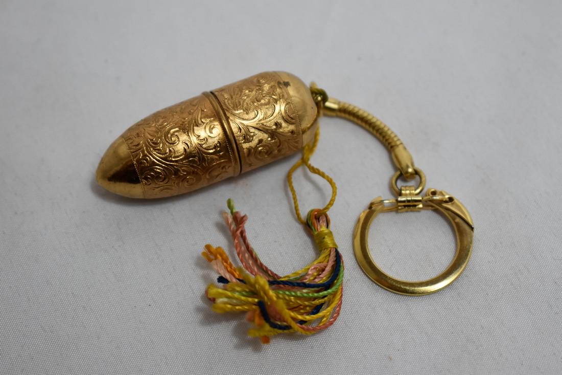 2" Antique Brass Miniature Sewing Kit with Thread and: Title: 2" Antique Brass Miniature Sewing Kit with Thread and Needles, Keychain/ Bauble, Austria Provenance/Additional Info: 2" Antique Brass Miniature Sewing Kit with Thread and Needles, Keychain/ Bau