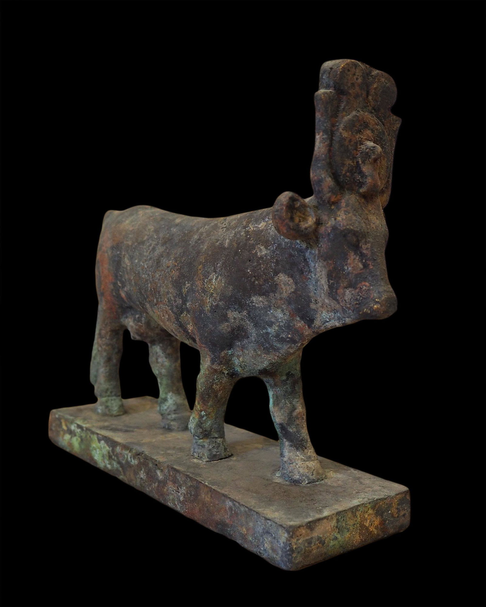 Bronze statue of Hathor depicted as a cow: Bronze statue of Hathor depicted as a cow. Hathor was a major goddess in ancient Egyptian religion who played a wide variety of roles. Hathor was often depicted as a cow, symbolizing her maternal and 