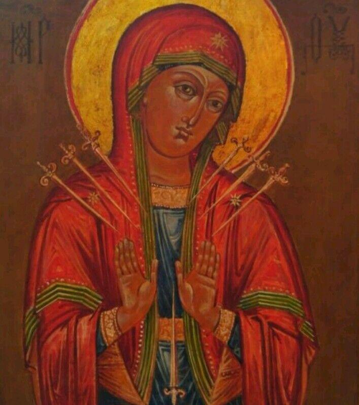 19C ANTIQUE HAND PAINTED RUSSIAN ICON OF MOTHER OF GOD: 19c ANTIQUE RUSSIAN HAND PAINTED ICON OF MOTHER OF GOD OF SEVEN SWORDS . HAND PAINTED WITH EGG TEMPERA AND GESSO AND GOLD LEAF ON WOOD PANEL. GOOD CONDITION. SIZE H : 14 x 11 3/4 INCHES ICON SIZE. Res