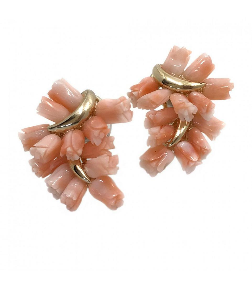 Coral Rose Bud Earrings: Vintage fine jewelry from 80s Materials: Coral, Gold Plated Carved rose bud bouquet stud earrings from Taiwan angel skin coral. Dimensions: 0.88 x 1.125 x 0.88 inch Condition: In excellent vintage con