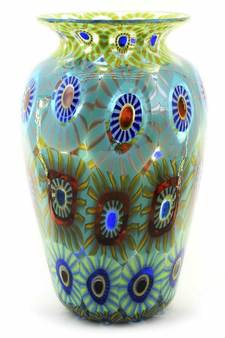 Murano glass vase with murrine signed: Title: Murano glass vase with murrine signed Maker: Mario Formentello Date/Period: 2021 Origin: Murano Dimension: 23 x 14,5 cm cm 770 grams Material: glass Additional Information: Murano glass vase wi