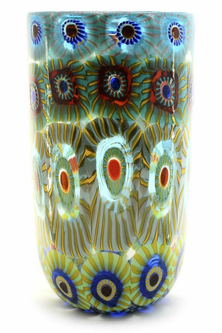 Murano glass vase with murrine signed: Title: Murano glass vase with murrine signed Maker: Mario Formentello Date/Period: 2021 Origin: Murano Dimension: 24 x 13,5 cm cm 775 grams Material: glass Additional Information: Murano glass vase wi