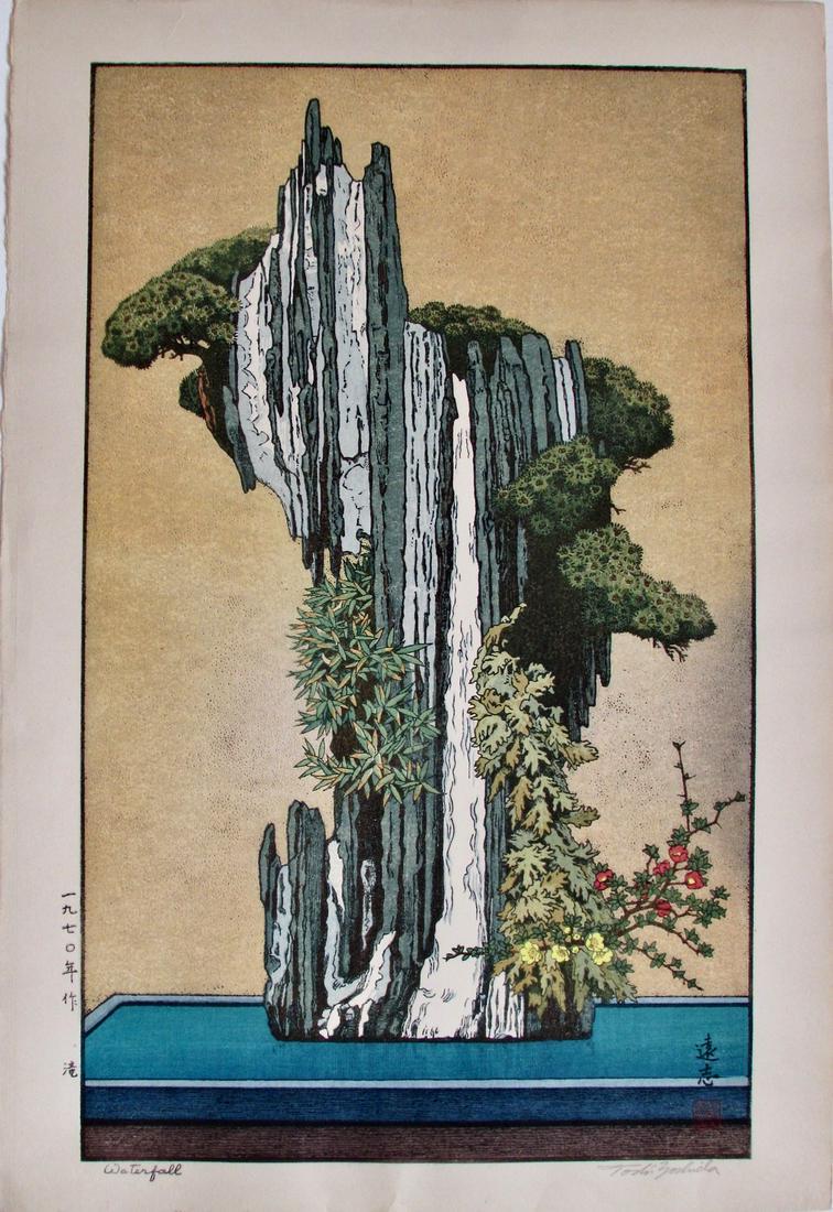 Toshi Yoshida: Waterfall: Artist: Toshi YOSHIDA (1911-1995) Subject: Waterfall Publisher: Self Signature: Toshi Yoshida in pencil Date: 1970 Format: 37.8 x 56.4 cm Condition: Fine impression, color and condition Reserve: $600.