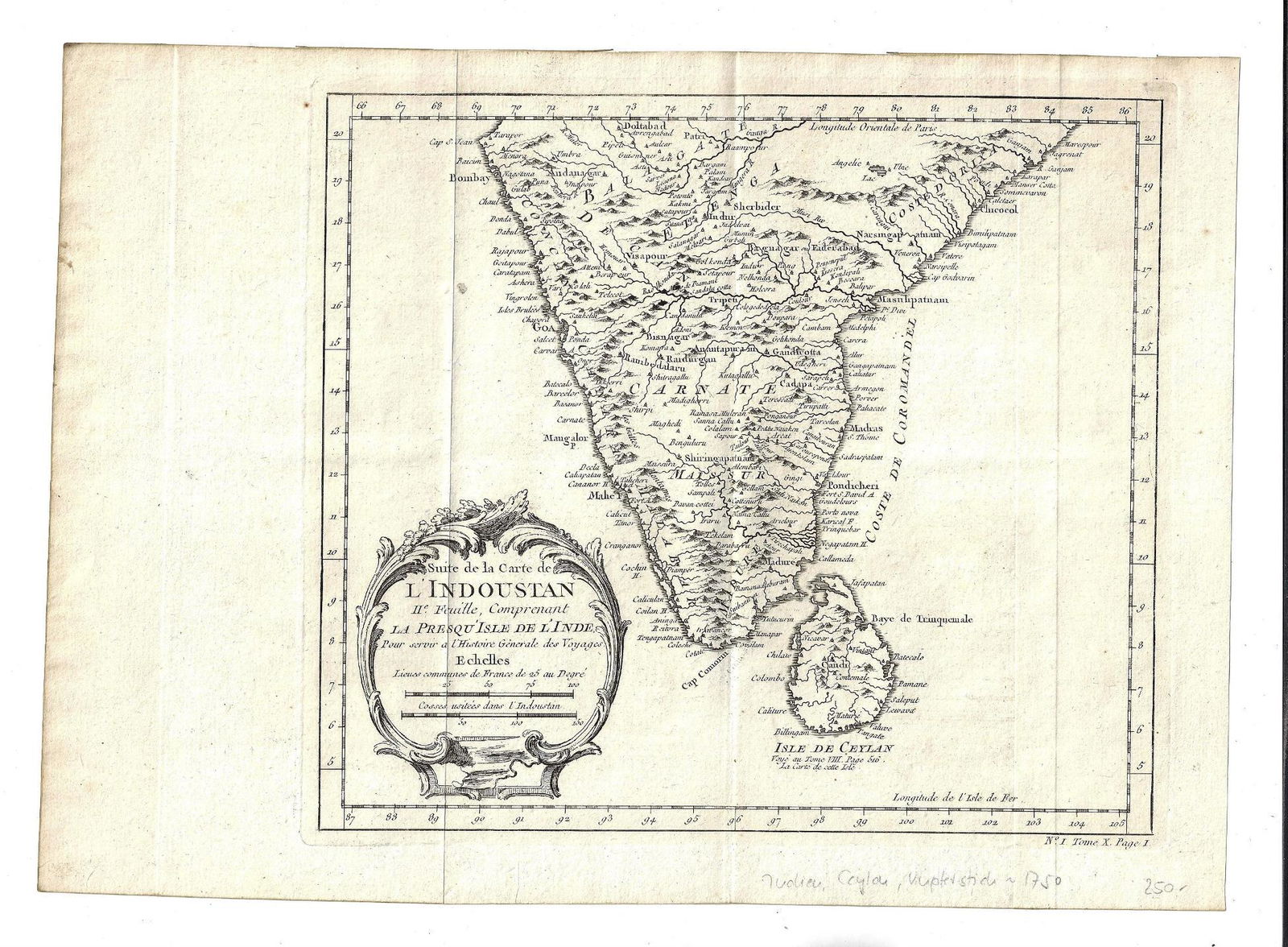 c1750 Engraved Map of Southern India Ceylon (1 of 1)