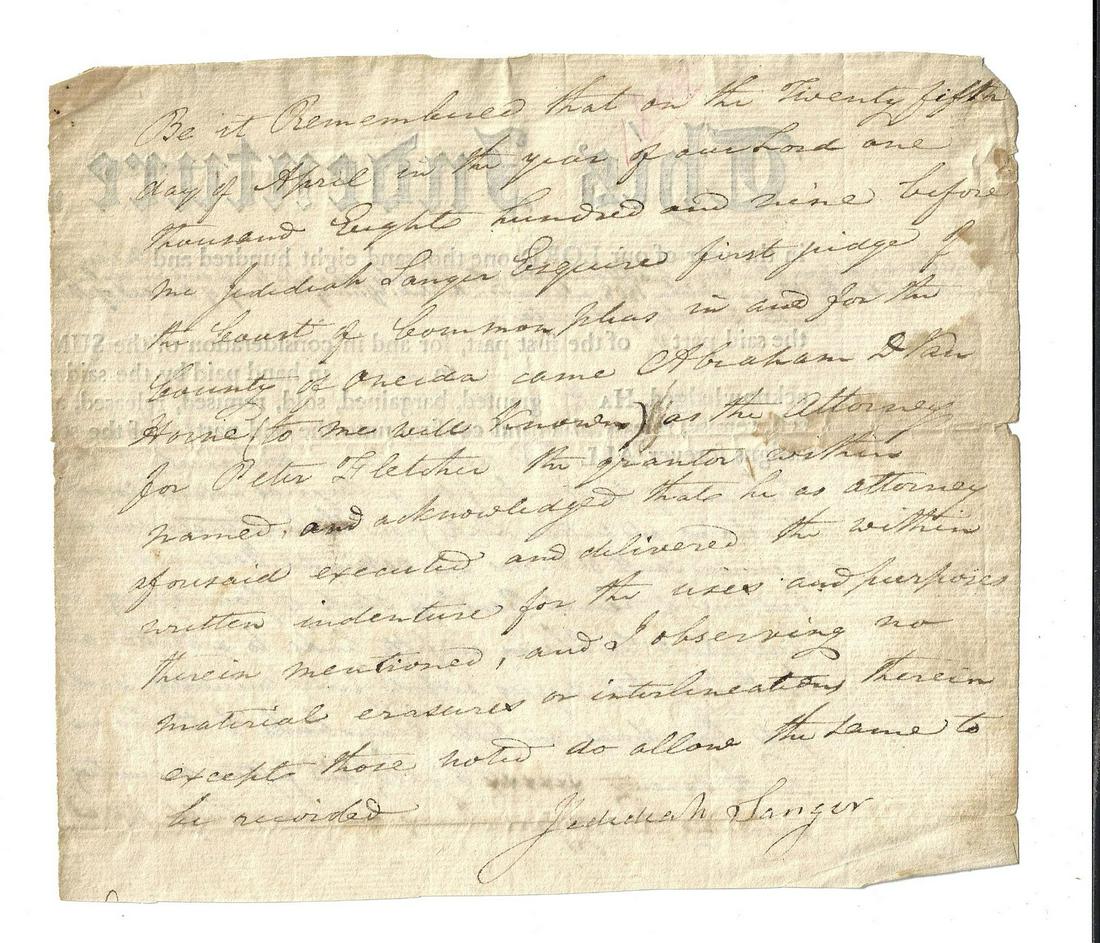 1809 New York Manuscript Signed Jedediah Sanger (1 of 2)