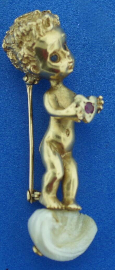 14K GOLD RUSER CHERUB RUBY SAPPHIRE PEARL PIN ANGEL (1 of 7)