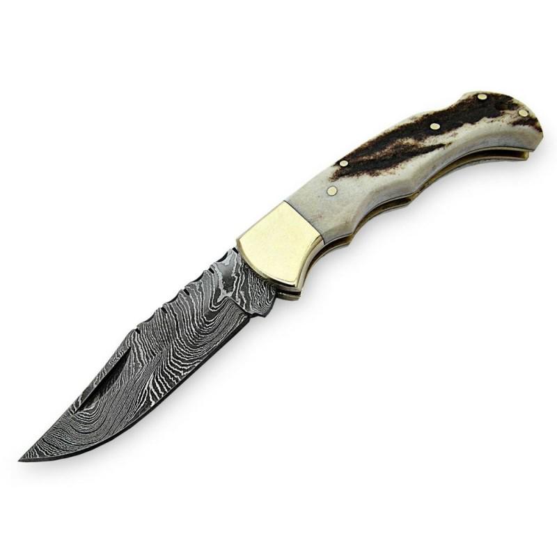 Folding damascus steel knife stag horn brass (1 of 5)