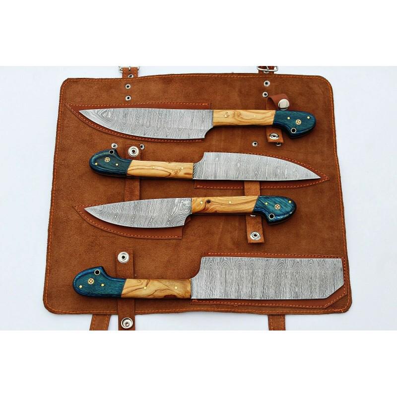 4 pcs SET kitchen chef damascus steel knife olive wood (1 of 6)