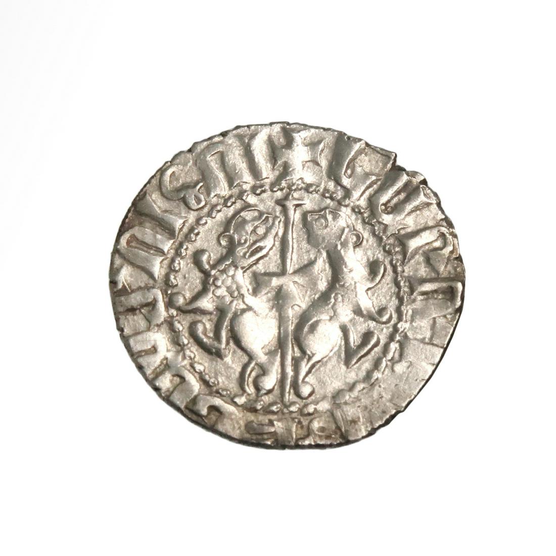 Medieval Crusaders Armenian Silver Tram, King Hetoum I: Title: Medieval Crusaders Armenian Silver Tram, King Hetoum I , 1226 A.D. Date/Period: Crusaders, Armenia, 1226-1270 A.D. Dimension: 2.1 cm D - 13/16 inch Material: Silver, 2.8 grms Description: Medie