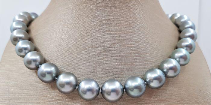 Large 11x13.5mm Round Metallic Silvery-Green Tahitian: Title: Large 11x13.5mm Round Metallic Silvery-Green Tahitian pearls - Necklace Description: Elegant fine jewellery for the evening, this breathtaking necklace is made with silvery green round Tahitian