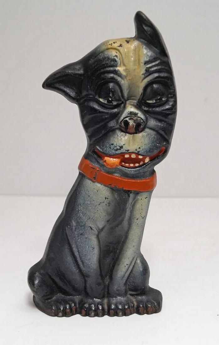 Whimsical Boston Terrier Dog Cast Iron Doorstop 1927: Title: Whimsical Boston Terrier Dog Cast Iron Doorstop 1927 Date: Dimension: 9 5/8" tall x 4 1/2" wide. Provenance/Additional Info: Antique Whimsical Pup Boston Terrier Dog Cast Iron Doorstop. A very 