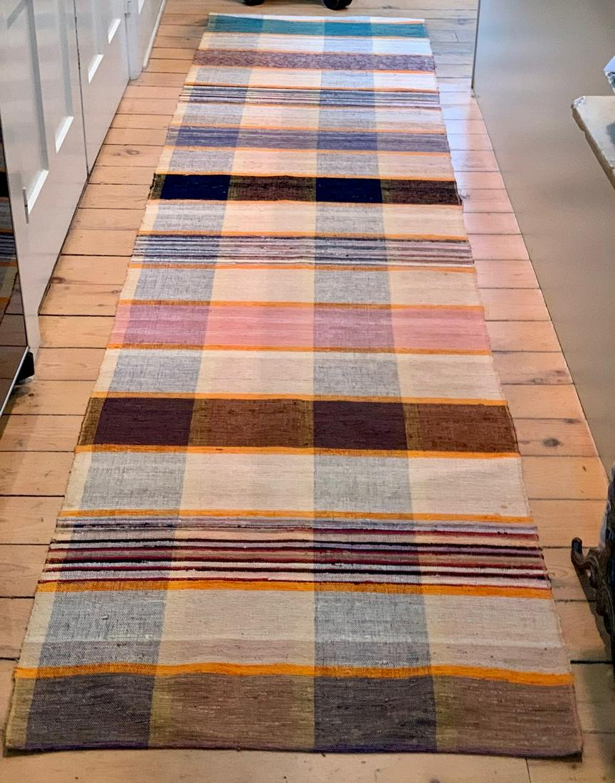 Exquisite early 20th c Rag Carpet: Title: Exquisite early 20th c Rag Carpet Description: Ivory, blue, tan, mustard, salmon. Elaborate color gradation. Remarkably tight weave. Dimension: 12 ft. x 33 in. Circa: Early 20th c Shipping: Dom