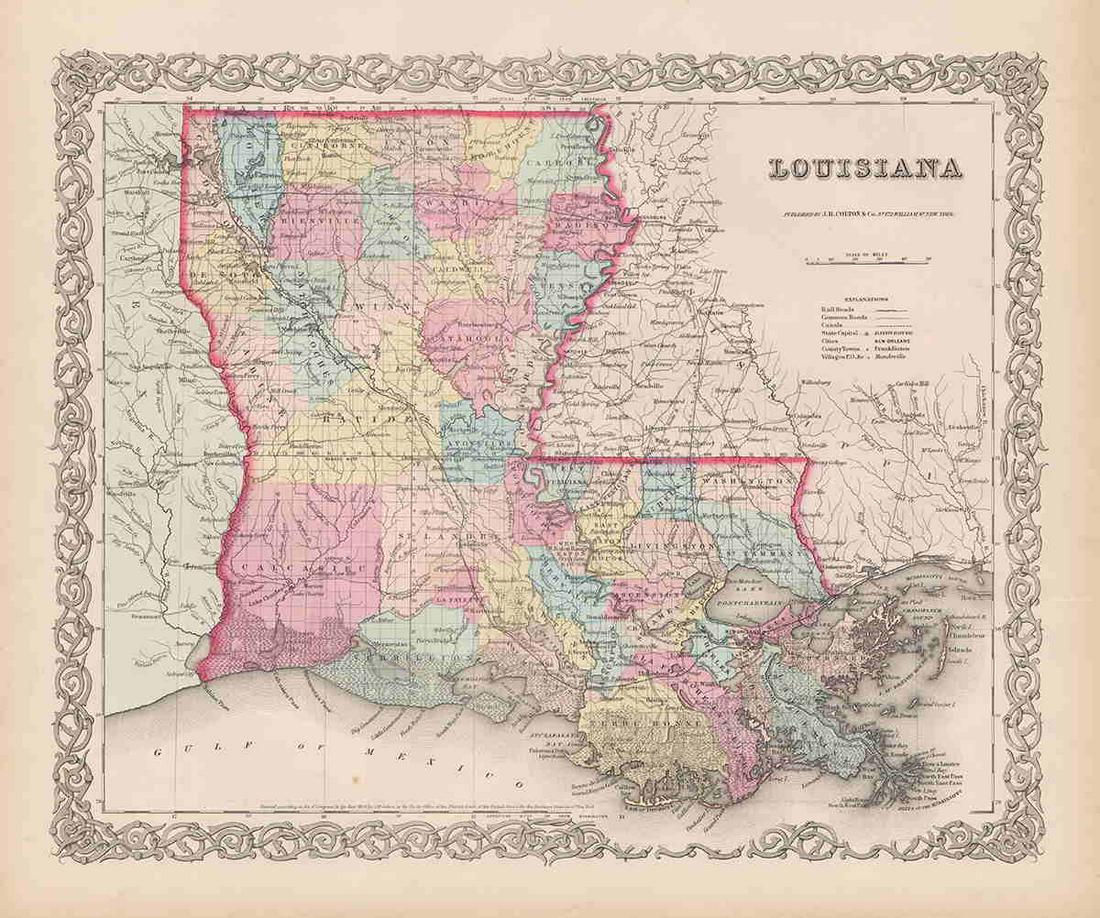 Impressive 1854/56 Colton map of Louisiana (1 of 4)