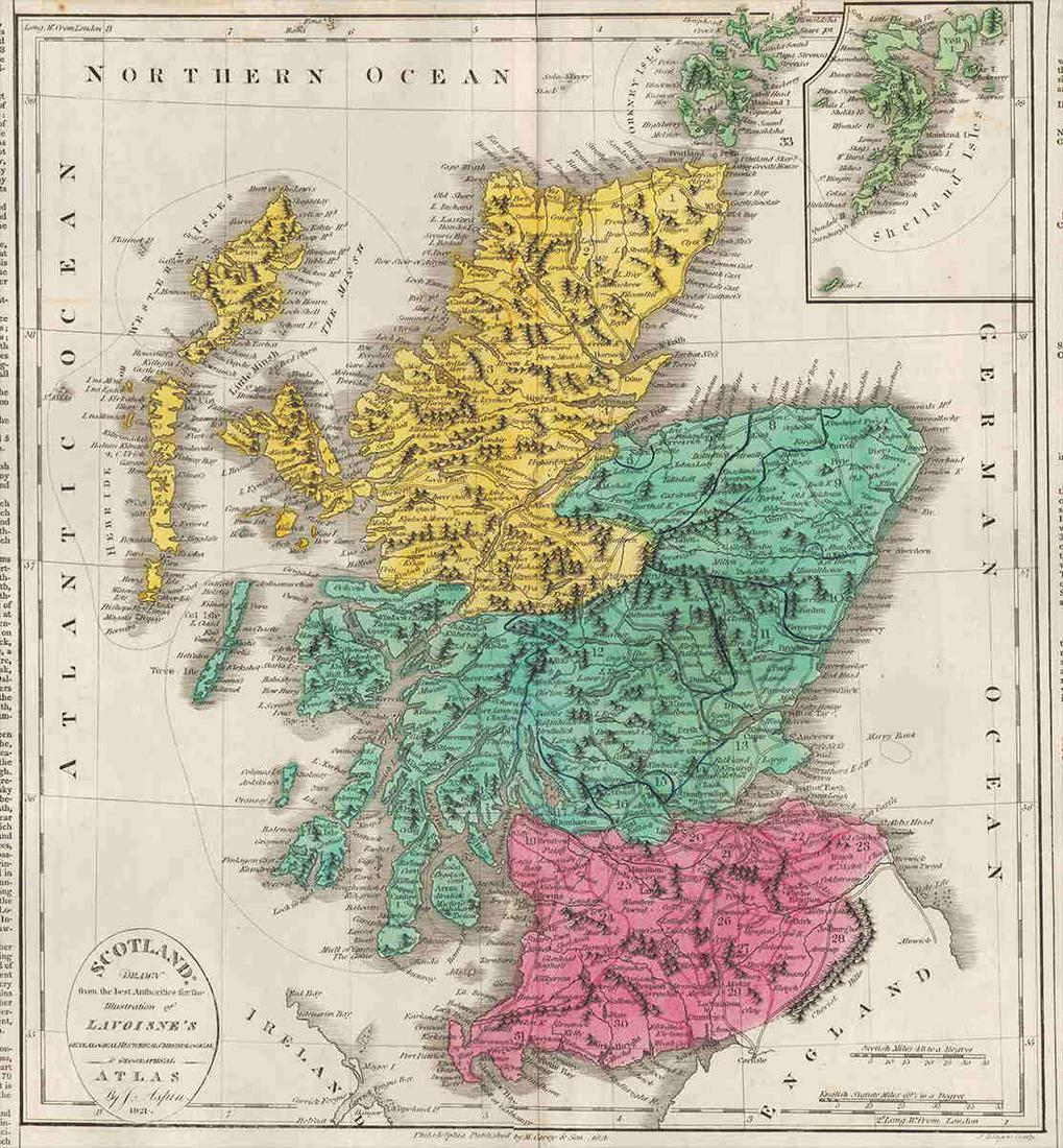 1821 map of Scotland by M. Carey: Detailed, copperplate engraved map of Scotland. With vivid and original hand coloring. From A Complete Genealogical, Historical, Chronological, and Geographical Atlas; Being a General Guide to Ancient