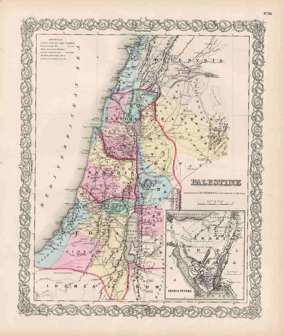 Palestine from Colton 1st ed. atlas: Excellent and clean example of Colton’s map of Palestine, from the first edition of Colton’s Atlas of the World. Includes modern day nations of Israel, Palestine and Lebanon with parts of Syria an