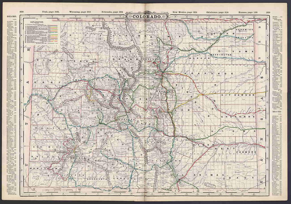 Scarce RR map of Colorado - 1897: Scarce and large 2-page map from the very scarce Cram’s 1897 Standard American Railway System Atlas of the World. Cram was unique in producing a special group of atlases for just a few years that hi