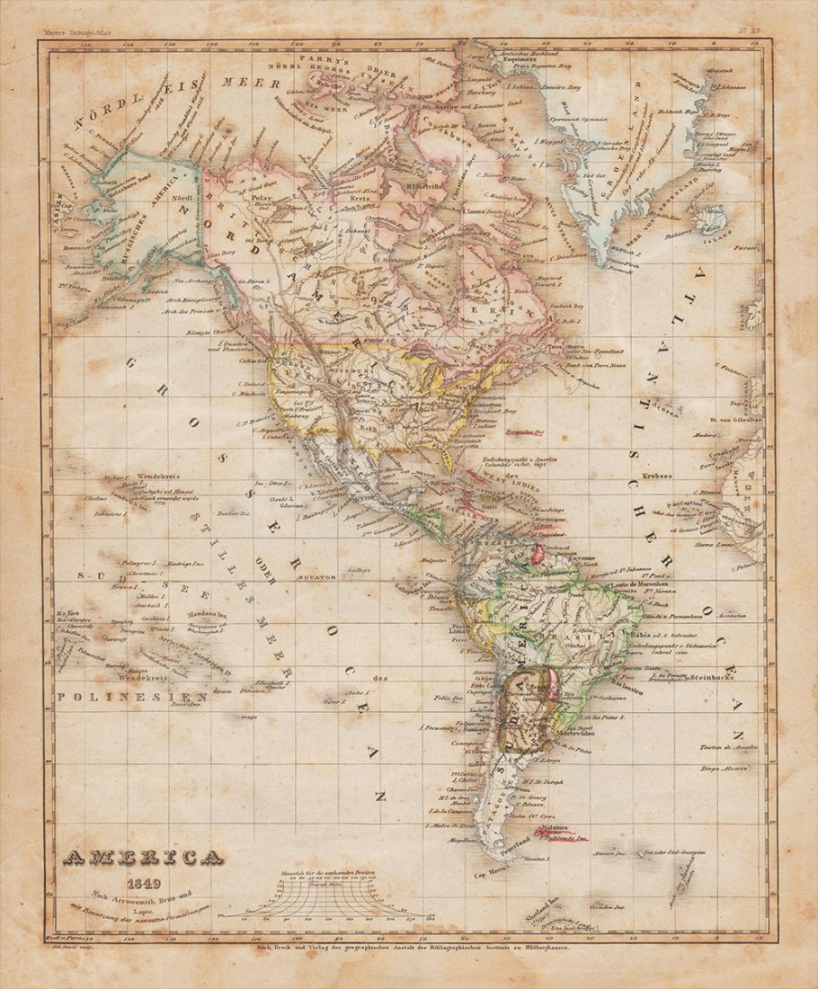 Scarce 1849 map of America: Scarce 1849 map of North America and South America by Joseph Meyer as found in the Meyer’s Zeitungs-Atlas of 1850. Shows all of North America as well as South America from the Arctic to Cape Horn. I