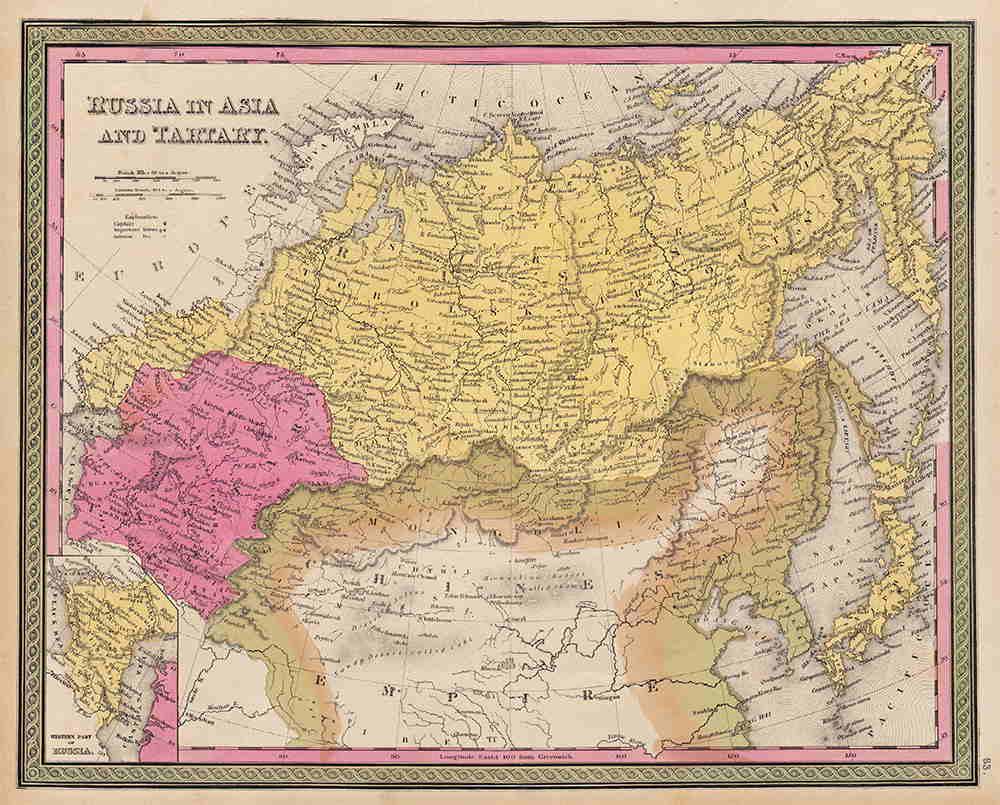 1848 map of Russia in Asia and Turkey: Great original hand coloring. Inset of Western Part of Russia. Very clean. Mild toning to three edges (common for Mitchell maps of this period). From the exceedingly scarce 1848 edition of Mitchell’