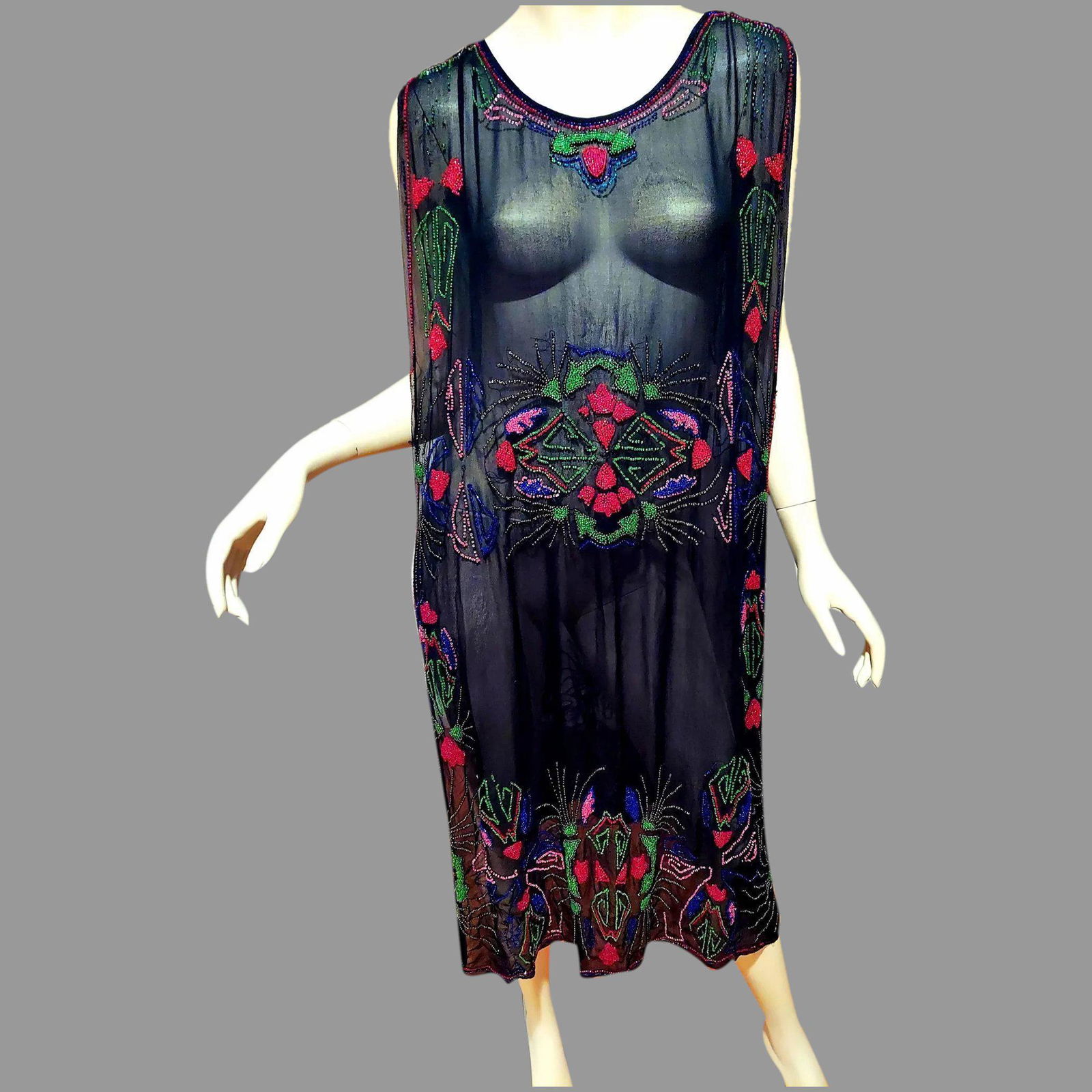 Antique 1900's Museum Tabard Layering Heavily glass: This is a Museum Wearable Art Piece. From the early 1900's. I have yet to come across a beauty such as This one. Silk Chiffon Tabard Dress ,Egyptian revival style beading, Steel cut glass in a minute