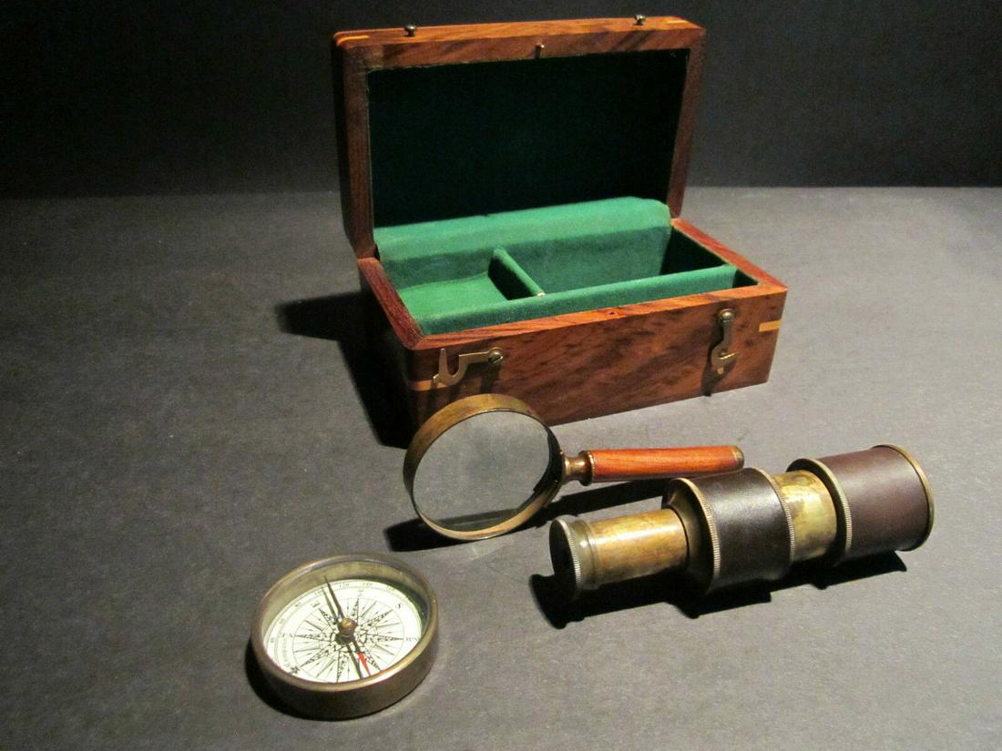 Magnifying Glass Compass Telescope Box Field Kit: 6 1/2" Wide x 3" High x 3 3/4" Wide Magnifying Glass Compass Telescope Wood Box Kit This reproduction of an antique "Dolland London" field kit It has a heavy a solid brass compass, brass and leather e