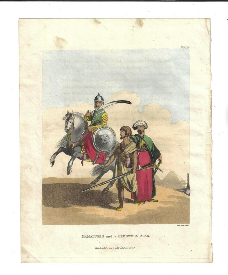 1803 Hand Colored Engraving Bedouins: Hand colored lithograph engraving entitled "Mamlukes and a Bedoween Arab", published by Cadell and Davies, 1803, London. Fine with very light offset from text leaf and mild discoloration spots, measur