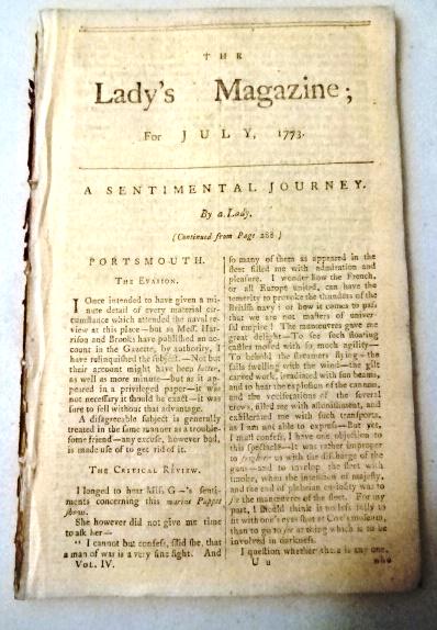 1773 Magazine Engraving Tahitians: The July 1773 issue of Ladies Magazine published in London, 56 pages and one negraved plate of Tahitians in native dress. Much else including literature and news. Magazine without monthly title leaf e