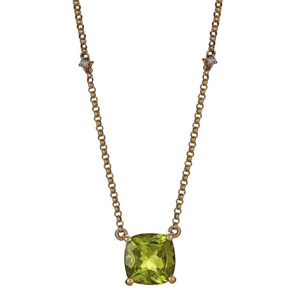 14K Yellow Gold Peridot & Diamond Pendant: Title: 14K Yellow Gold Peridot & Diamond Pendant Metal Purity: 14K Yellow Gold Metal Weight: 2.44 Gemstones: Peridot Carat Weights: 2.36 Size/Dimensions: 8MM Additional Information: Cushion Diamond Cl