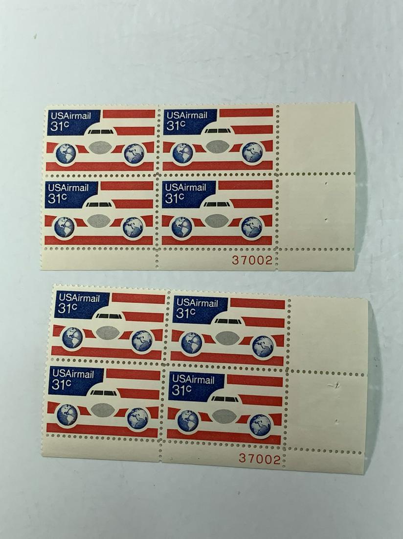 Scott No. C90 2 each MNH Plate Block: No Reserve! Title: Scott No. C90 2 each MNH Plate Block Date/Period: 1972-76 Additional Information: 31 Cents Plane, Flag & Globes US Airmail Scott No. C90 2 each MNH Plate Block Shipping: Domestic: F