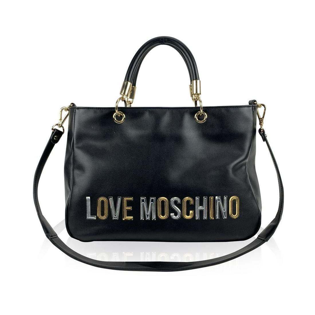 Love Moschino Black Leather Look Tote Sequin Shoulder: Love Moschino black tote bag with gold and silver logo lettering on the front. It features double handles and removable shoulder strap with gold-tone sequin strap. Upper zipper closure. Red satin lini